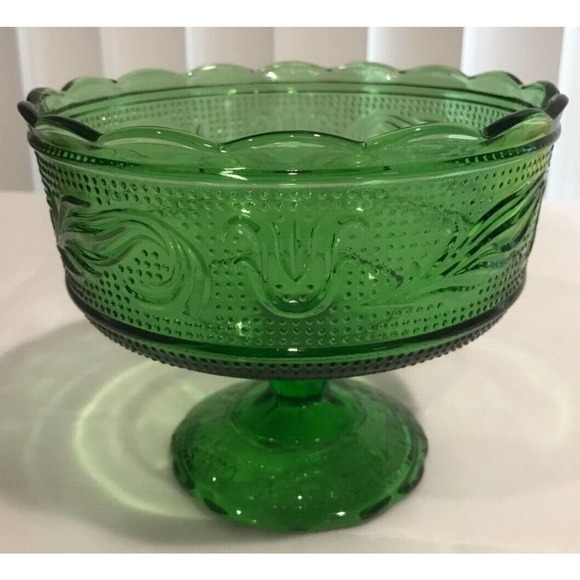 Vintage Green Glass Scalloped Edge Footed Compote 1960/E.O Brody Signed MCM Bowl - Picture 7 of 7
